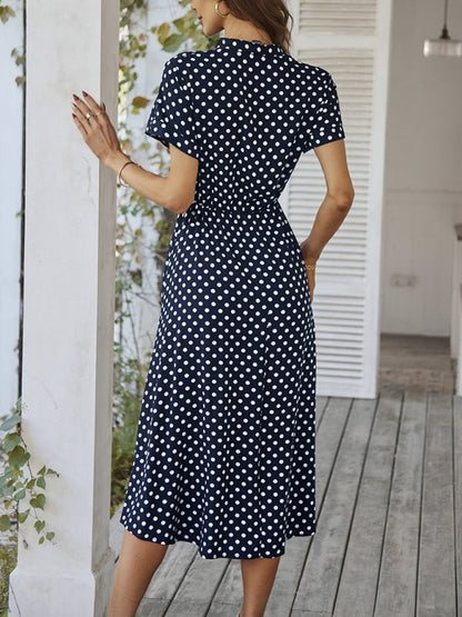 Midi dresses- Short Sleeve Polka Dot Midi Dress with Gathered Waist- - IndioGear Fashion and Gear