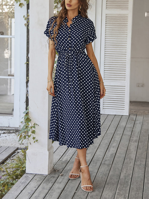 Midi dresses- Short Sleeve Polka Dot Midi Dress with Gathered Waist- - IndioGear Fashion and Gear