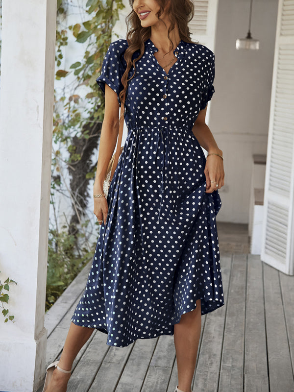 Midi dresses- Short Sleeve Polka Dot Midi Dress with Gathered Waist- - IndioGear Fashion and Gear