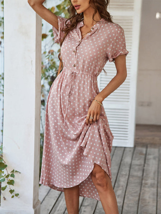 Midi dresses- Short Sleeve Polka Dot Midi Dress with Gathered Waist- Pink- IndioGear Fashion and Gear