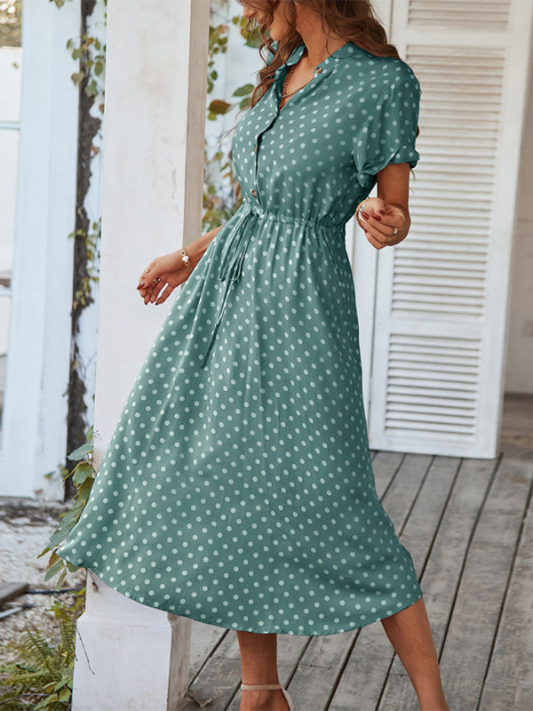 Midi dresses- Short Sleeve Polka Dot Midi Dress with Gathered Waist- - IndioGear Fashion and Gear