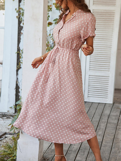 Midi dresses- Short Sleeve Polka Dot Midi Dress with Gathered Waist- - IndioGear Fashion and Gear