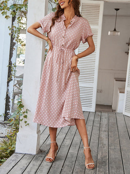 Midi dresses- Short Sleeve Polka Dot Midi Dress with Gathered Waist- - IndioGear Fashion and Gear