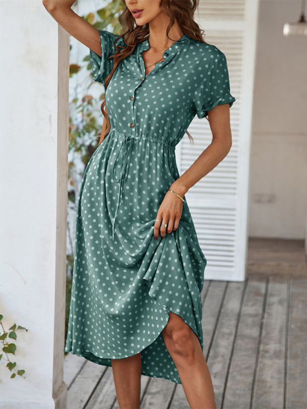 Midi dresses- Short Sleeve Polka Dot Midi Dress with Gathered Waist- Deep green- IndioGear Fashion and Gear