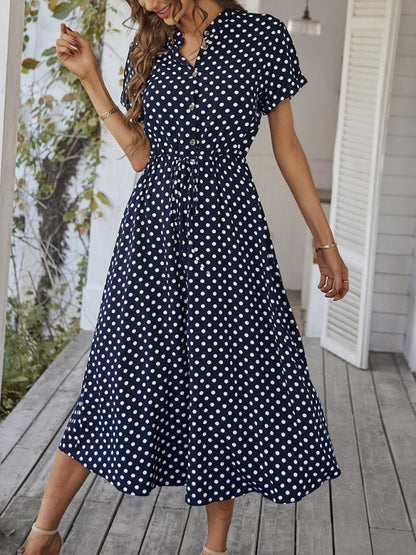 Midi dresses- Short Sleeve Polka Dot Midi Dress with Gathered Waist- Champlain color- IndioGear Fashion and Gear