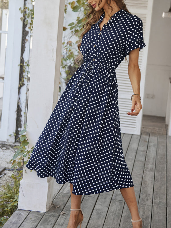 Midi dresses- Short Sleeve Polka Dot Midi Dress with Gathered Waist- - IndioGear Fashion and Gear