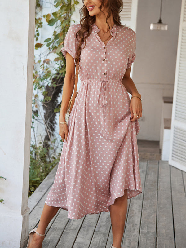 Midi dresses- Short Sleeve Polka Dot Midi Dress with Gathered Waist- - IndioGear Fashion and Gear