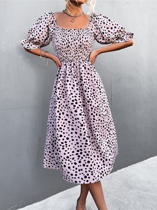 Mini Dress- Animal Print Smocked Bodice Midi Dress with Puff Sleeves- Pink- IndioGear Fashion and Gear