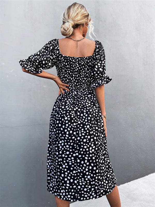 Mini Dress- Animal Print Smocked Bodice Midi Dress with Puff Sleeves- - IndioGear Fashion and Gear