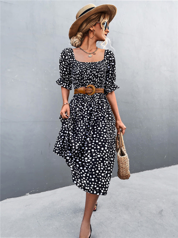 Mini Dress- Animal Print Smocked Bodice Midi Dress with Puff Sleeves- - IndioGear Fashion and Gear