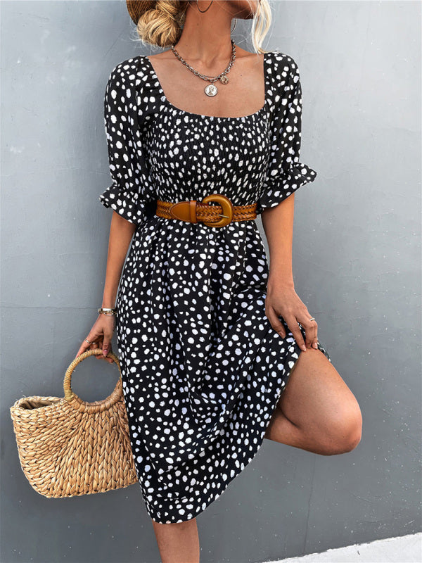 Mini Dress- Animal Print Smocked Bodice Midi Dress with Puff Sleeves- - IndioGear Fashion and Gear