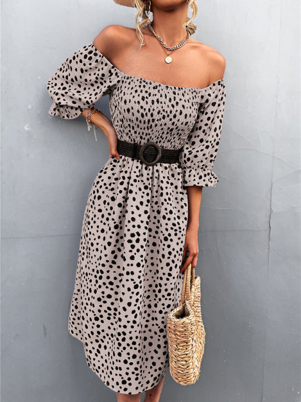 Mini Dress- Animal Print Smocked Bodice Midi Dress with Puff Sleeves- - IndioGear Fashion and Gear