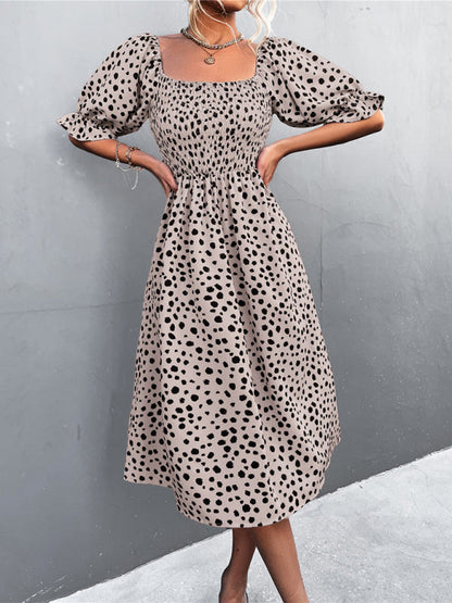 Mini Dress- Animal Print Smocked Bodice Midi Dress with Puff Sleeves- Khaki- IndioGear Fashion and Gear