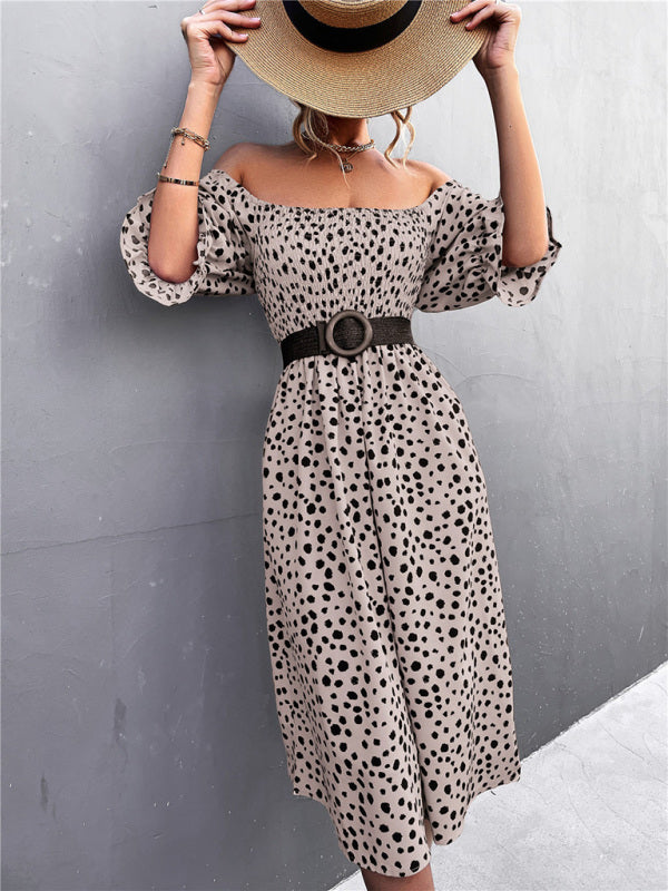 Mini Dress- Animal Print Smocked Bodice Midi Dress with Puff Sleeves- - IndioGear Fashion and Gear