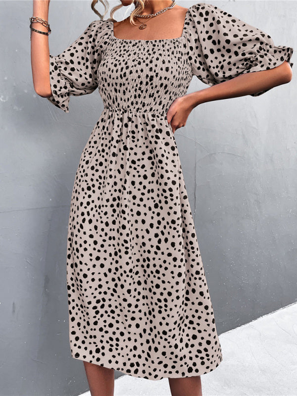 Mini Dress- Animal Print Smocked Bodice Midi Dress with Puff Sleeves- - IndioGear Fashion and Gear