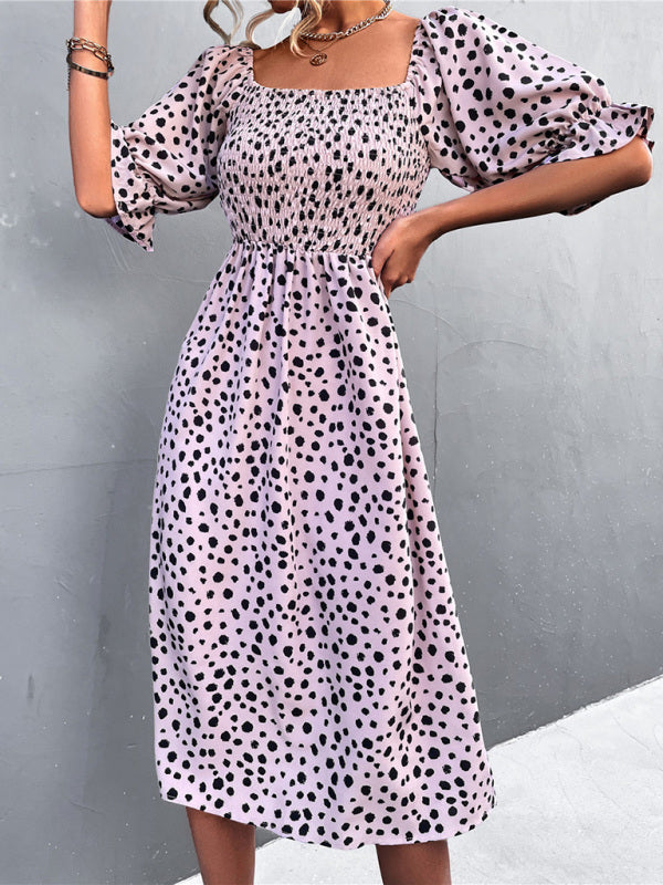 Mini Dress- Animal Print Smocked Bodice Midi Dress with Puff Sleeves- - IndioGear Fashion and Gear