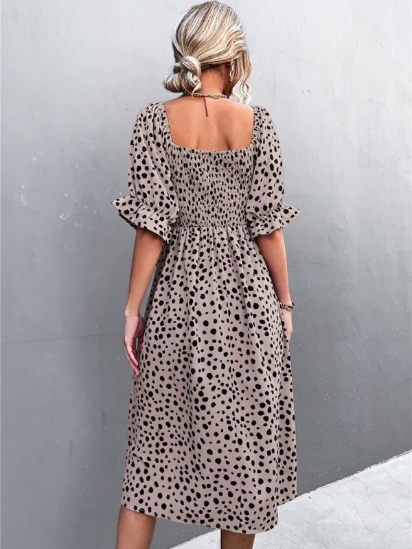 Mini Dress- Animal Print Smocked Bodice Midi Dress with Puff Sleeves- - IndioGear Fashion and Gear