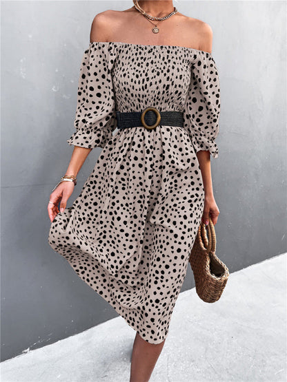 Mini Dress- Animal Print Smocked Bodice Midi Dress with Puff Sleeves- - IndioGear Fashion and Gear