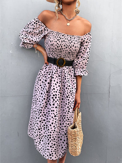 Mini Dress- Animal Print Smocked Bodice Midi Dress with Puff Sleeves- - IndioGear Fashion and Gear