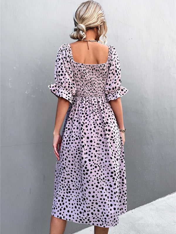 Mini Dress- Animal Print Smocked Bodice Midi Dress with Puff Sleeves- - IndioGear Fashion and Gear