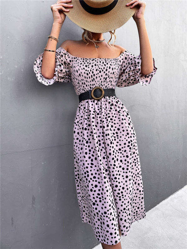 Mini Dress- Animal Print Smocked Bodice Midi Dress with Puff Sleeves- - IndioGear Fashion and Gear