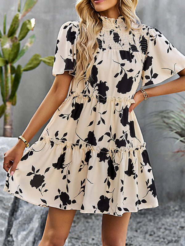 Mini Dress- Floral High Smocked Neck Tiered Flowy Mini Dress- - IndioGear Fashion and Gear