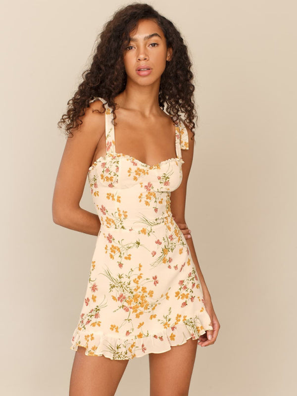 Mini Dress- Romantic Floral Frill Sweetheart Cami Mini Dress- Cream- IndioGear Fashion and Gear