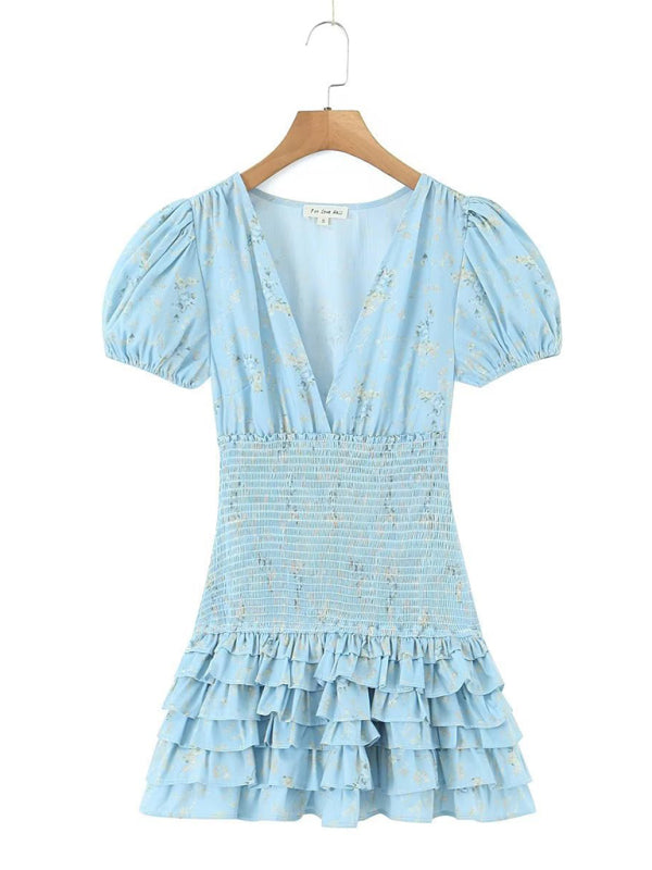 Mini Dress- Trendy Women's A-Line Smocked Ruffle Mini Dress - Blue Layered Dress- - IndioGear Fashion and Gear