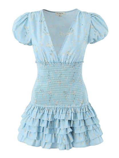 Mini Dress- Trendy Women's A-Line Smocked Ruffle Mini Dress - Blue Layered Dress- - IndioGear Fashion and Gear