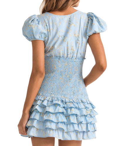 Mini Dress- Trendy Women's A-Line Smocked Ruffle Mini Dress - Blue Layered Dress- - IndioGear Fashion and Gear