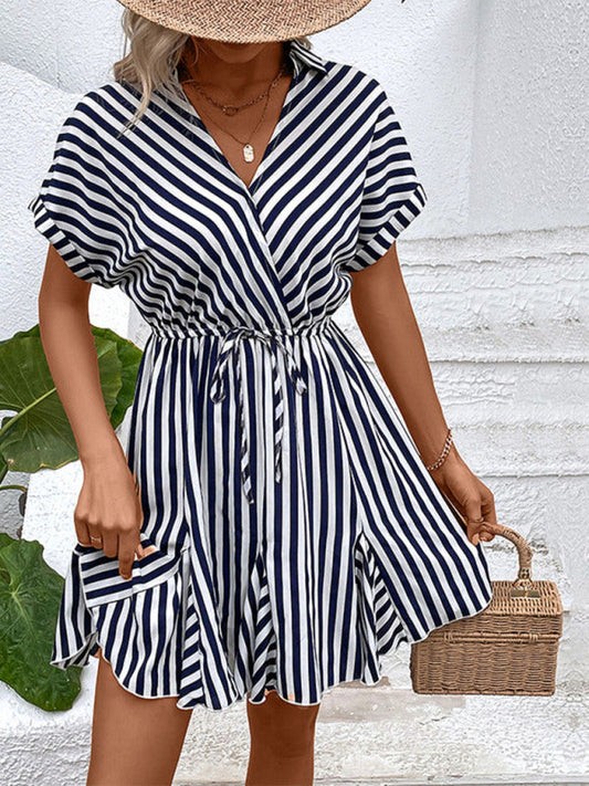 Mini Dresses- All-Season Staple: Women's Stripe V-Neck Dress for Every Occasion- Navy Blue- IndioGear Fashion and Gear