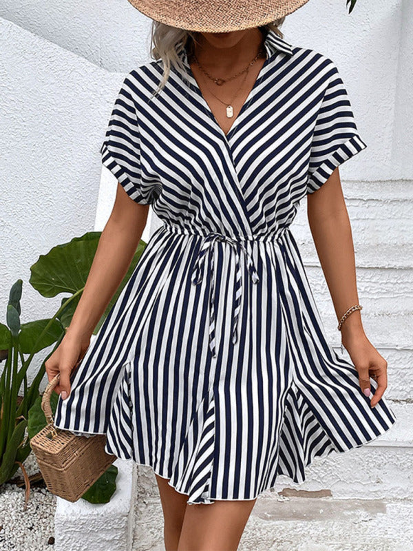 Mini Dresses- All-Season Staple: Women's Stripe V-Neck Dress for Every Occasion- - IndioGear Fashion and Gear