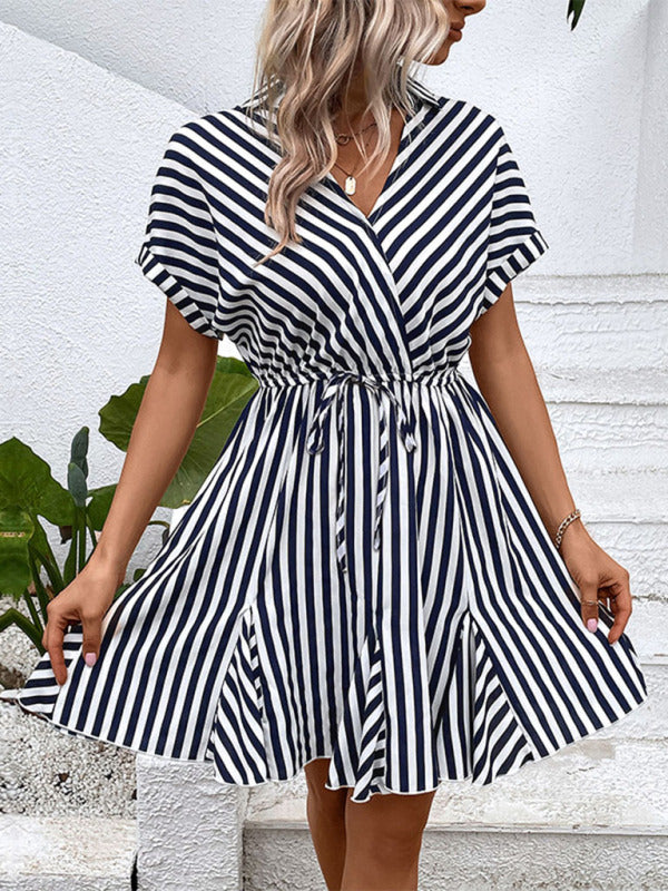 Mini Dresses- All-Season Staple: Women's Stripe V-Neck Dress for Every Occasion- - IndioGear Fashion and Gear