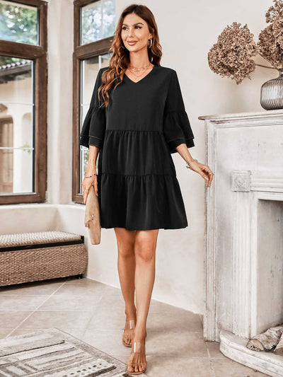 Mini Dresses- Casual Elegance: Women's Tiered Ruffle Mini Dress with V-Neck- - IndioGear Fashion and Gear