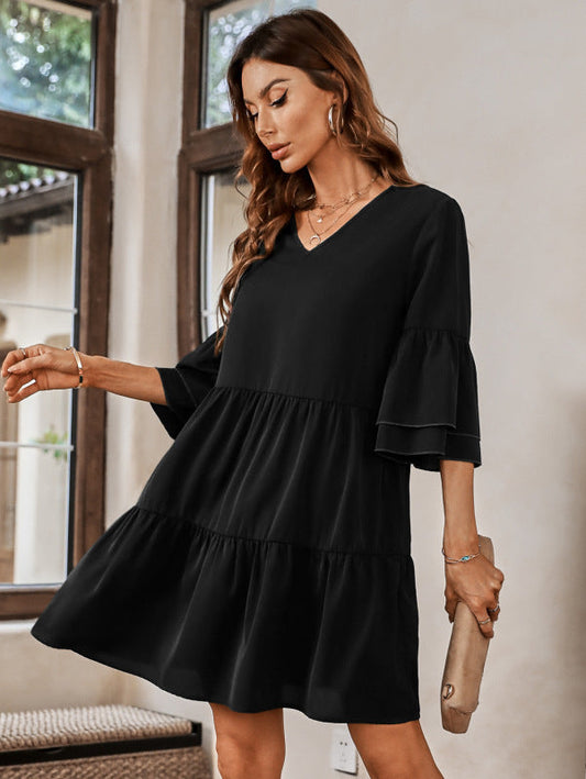 Mini Dresses- Casual Elegance: Women's Tiered Ruffle Mini Dress with V-Neck- Black- IndioGear Fashion and Gear