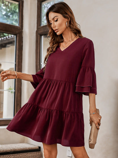 Mini Dresses- Casual Elegance: Women's Tiered Ruffle Mini Dress with V-Neck- Wine Red- IndioGear Fashion and Gear