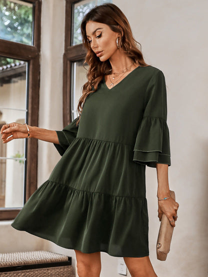 Mini Dresses- Casual Elegance: Women's Tiered Ruffle Mini Dress with V-Neck- Green- IndioGear Fashion and Gear