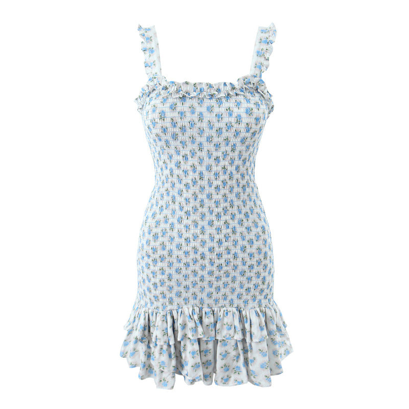 Mini Dresses- Charming Floral Cami Dress: Slim Fit, Backless Elastic Smocked Body- Blue- IndioGear Fashion and Gear