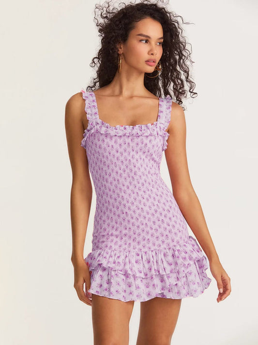 Mini Dresses- Charming Floral Cami Dress: Slim Fit, Backless Elastic Smocked Body- Light Purple- IndioGear Fashion and Gear