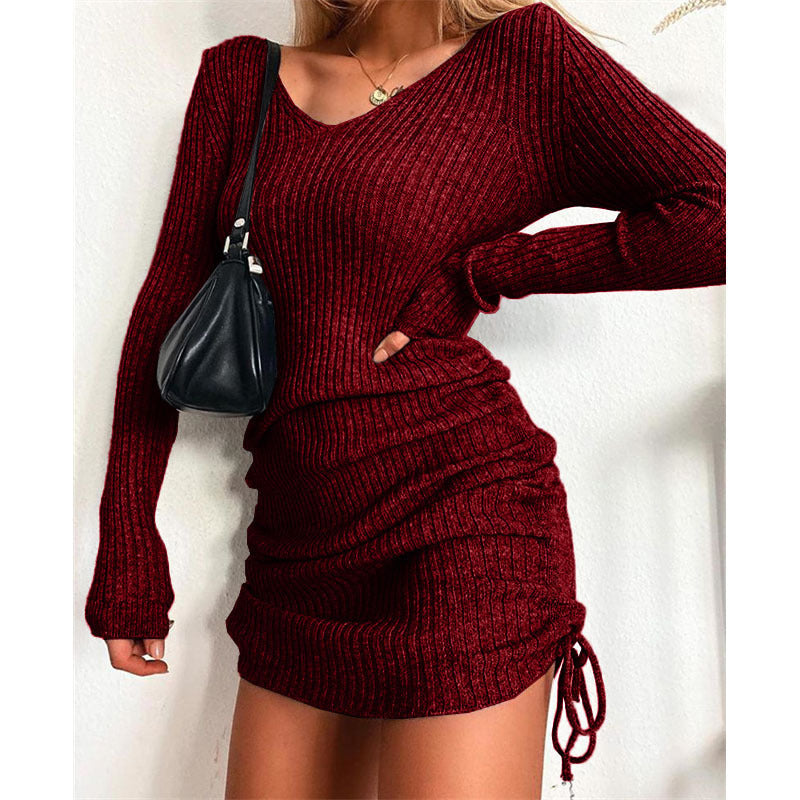 Mini Dresses- Chic Women's Sheath Ribbed Mini Dress with Ruched Side Adjustable Fit- Wine Red- IndioGear Fashion and Gear