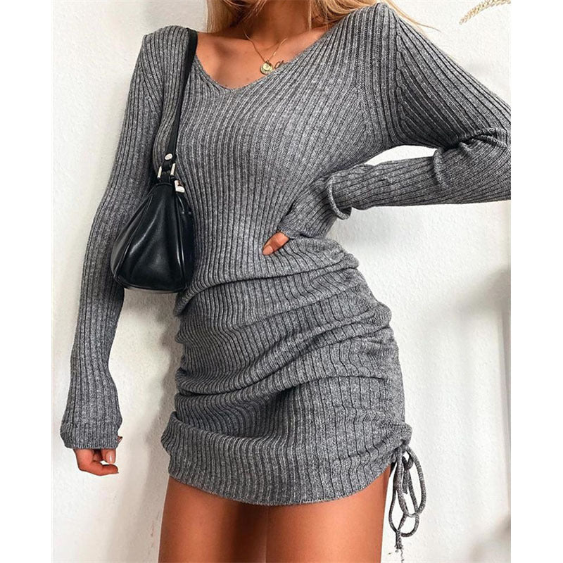 Mini Dresses- Chic Women's Sheath Ribbed Mini Dress with Ruched Side Adjustable Fit- Grey- IndioGear Fashion and Gear