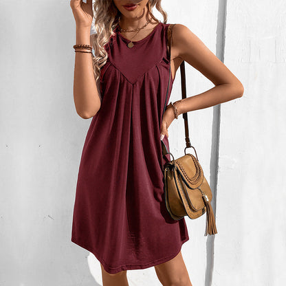 Mini Dresses- Chic and Confident: Pleated Round Neck Dress, Perfect for Any Occasion- Wine Red- IndioGear Fashion and Gear