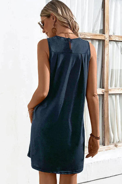 Mini Dresses- Chic and Confident: Pleated Round Neck Dress, Perfect for Any Occasion- - IndioGear Fashion and Gear