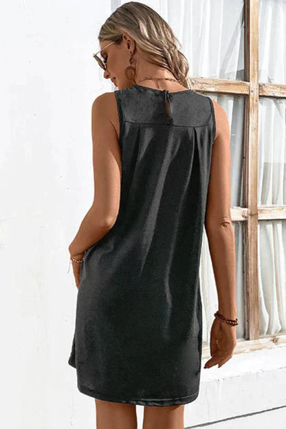 Mini Dresses- Chic and Confident: Pleated Round Neck Dress, Perfect for Any Occasion- - IndioGear Fashion and Gear