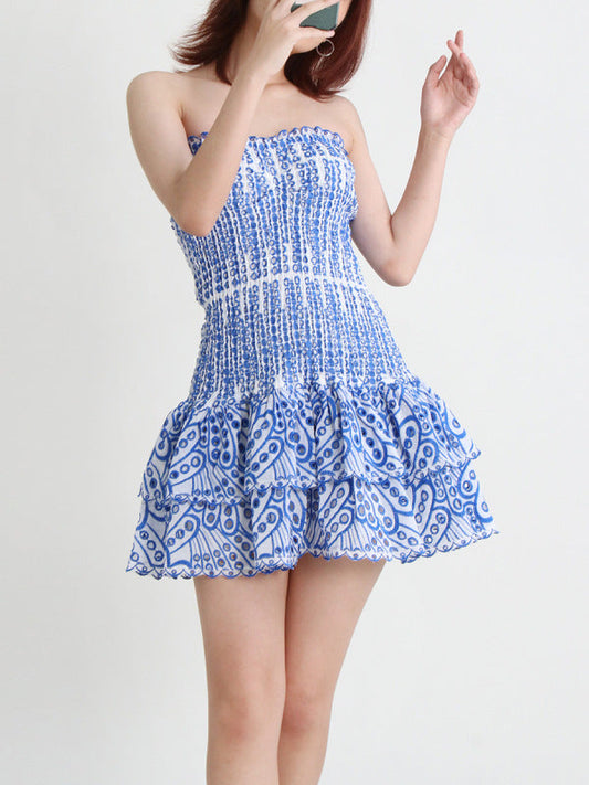 Mini Dresses- Cotton Smocked Layered Rufle Strapless Mini Dress- Blue- IndioGear Fashion and Gear