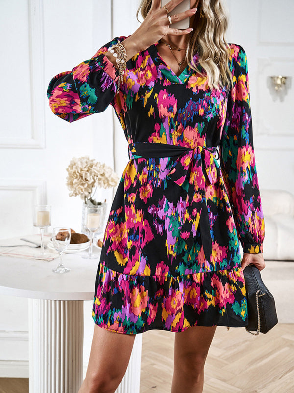 Mini Dresses- Elegance in Abstraction: Women's V-Neck Long Sleeve Mini Dress- - IndioGear Fashion and Gear