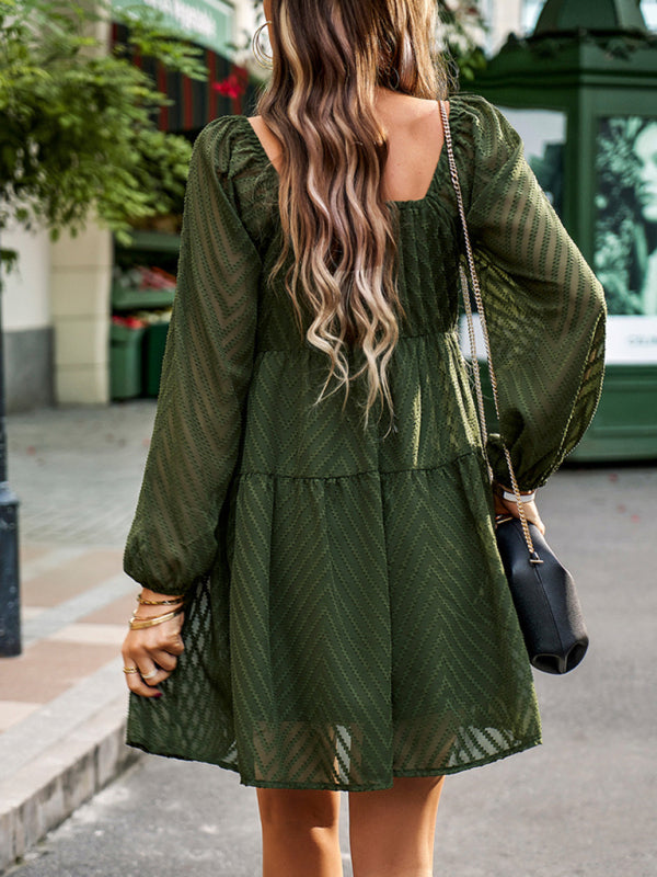 Mini Dresses- Elegant Autumn Long Sleeve Off-Shoulder Chevron Tiered Mini Dress- - IndioGear Fashion and Gear