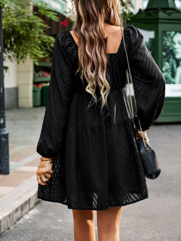 Mini Dresses- Elegant Autumn Long Sleeve Off-Shoulder Chevron Tiered Mini Dress- - IndioGear Fashion and Gear