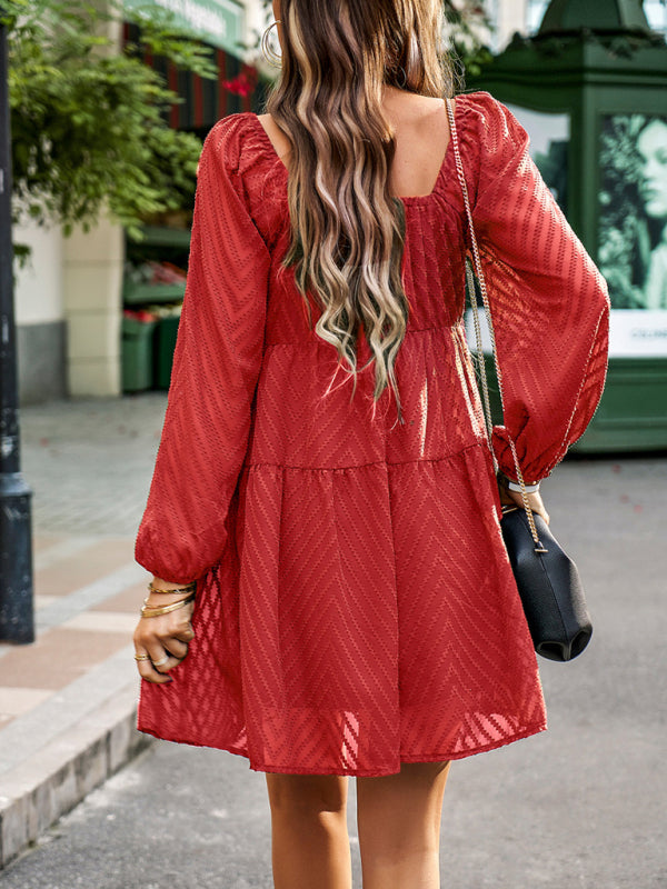 Mini Dresses- Elegant Autumn Long Sleeve Off-Shoulder Chevron Tiered Mini Dress- - IndioGear Fashion and Gear