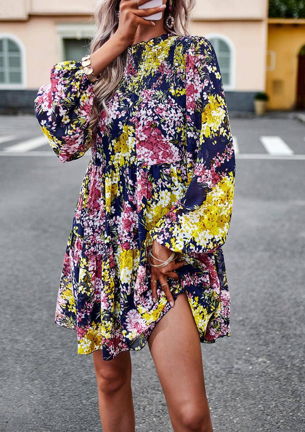 Mini Dresses- Elegant Floral Tiered Mini Dress with High Neck & Bishop Sleeves- - IndioGear Fashion and Gear